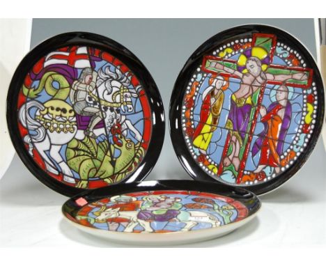 A Poole Pottery The St George plate limited edition No. 3/1000 designed by Tony Morris together  with two other Poole Pottery