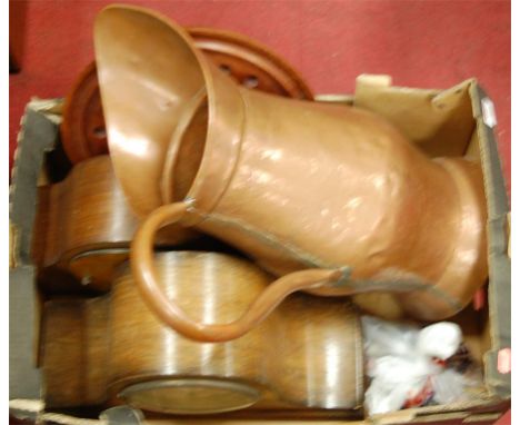 A collection of miscellaneous items to include 1930s oak cased mantel clock, solitaire board, and large copper jug