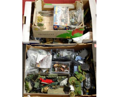 Three trays of various plastic kit built military aircraft, military vehicles, mixed scales to include Airfix, Corgi, Tamya a
