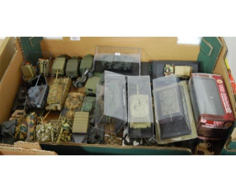 One tray of various diecast and plastic kit built military vehicles to include amphibian US Army Jeep by Wemy Models, T55 med