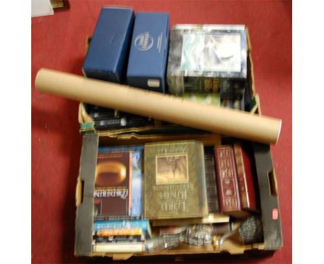 Two trays of Lords of the Rings related hardback books and associated effects to include Lord of the Rings Royal Salangor gob