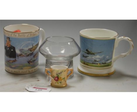 A Royal Worcester blush ivory miniature loving cup together with two Battle of Britain commemorative mugs, and a Caithness gl