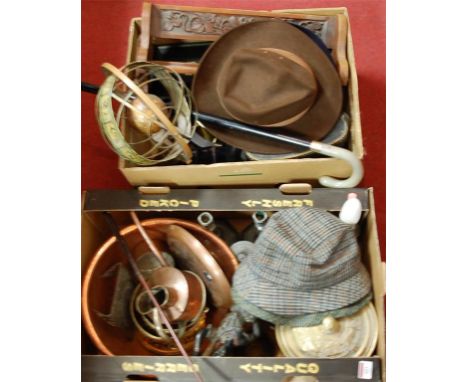 Two boxes of sundries to include metal wares, book trough, gentlemens hats etc