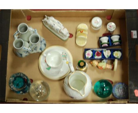 Mixed lot of decorative ceramics to include Hummel figure, Coalport commemorative jug, glass paperweights etc