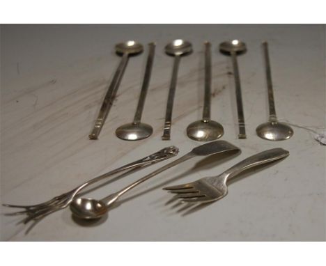 A set of six sterling silver iced tea spoons, together with a Tiffany & Co. sterling silver fork, mustard spoon and pickle fo