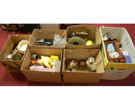 Six boxes of collectables and sundries to include Vienna style wall clock, seaside related wall plaques, Tiffany style lampsh