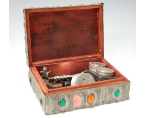 An early 20th century pewter clad box and contents to include continental white metal sifting spoon, 19th century and later i