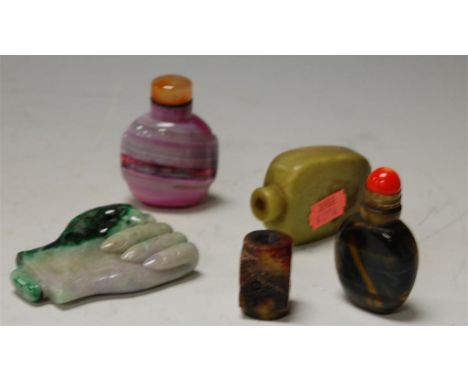 A faux jade scent bottle and stopper in the form of a fist together with various other modern Chinese style scent bottles