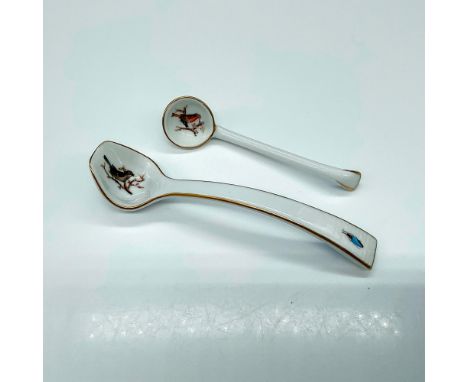 Small hand-painted spoon and ladle with gold gilded trim. The designs feature birds and insects. Herend backstamps. Largest s