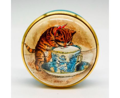 Hand painted enamel box with gilt edge screw top displaying figure with cup and saucer on turquoise base. Smithsonian Institu