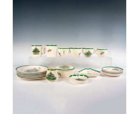 This festive collection encompasses 6 dessert plates, 4 cups with 4 matching saucers, 2 mugs, a covered candy dish, a triangu