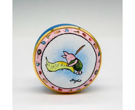 Hand painted enamel box with gilded edge screw top displaying figural writing a letter. Halcyon Days backstamp. This item has