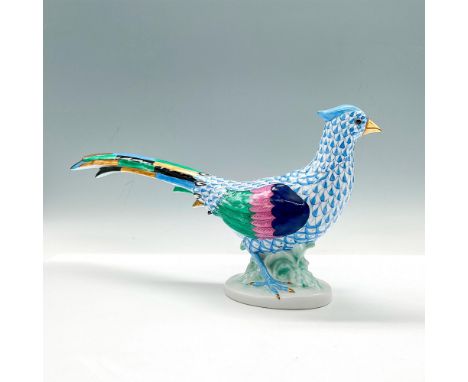 Hand painted pheasant in a blue Vieux Herend Fish Scale design with a multicolor block design tail. Herend backstamp. Dimensi