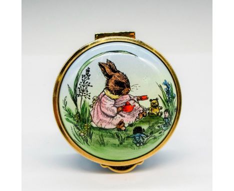 Hand painted enamel on copper box with gilded edge hinged top displaying rabbit in meadow. Staffordshire Enamels backstamp. T