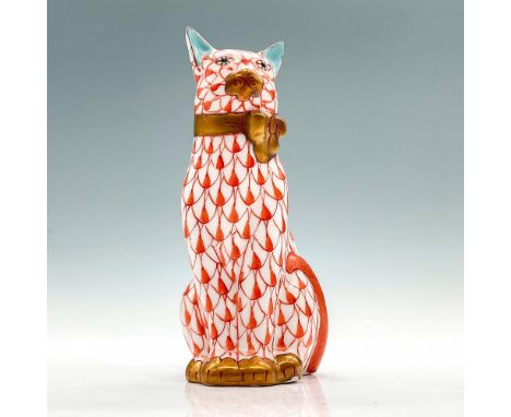 Hand-painted cat with red Vieux Herend fish scale design with gold gilded feet, nose, and ribbon. Herend backstamp. Issued: 2