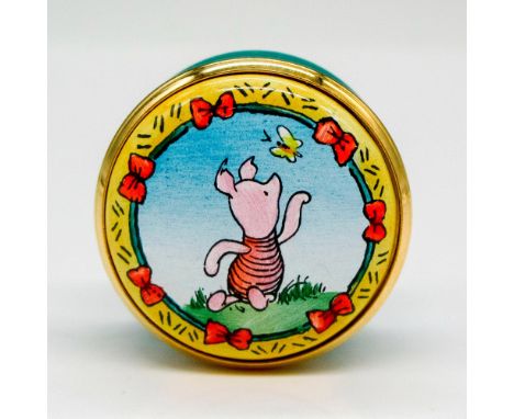 Hand painted miniature enamel box with gilded edge on screw top displaying Piglet with butterfly on turquoise base. Halcyon D