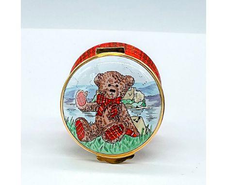 Hand painted red plaid box featuring a bear wearing a plaid bowtie. Enameled copper craftsmanship. Gold hardware. Made by Cru