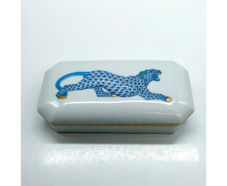 White porcelain box with gold gilded edges. The lid features a blue Vieux Herend Fish Scale tiger design. Herend backstamp. I