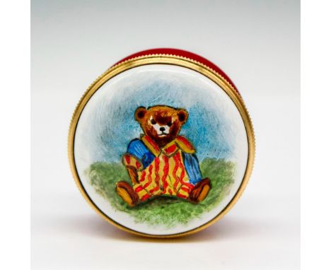 Hand painted enamel on copper box with gilded edge screw top displaying bear in pajamas. Staffordshire Enamels backstamp. Thi