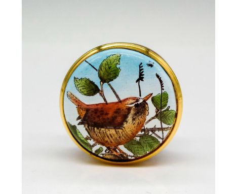 Hand painted miniature enamel box with gilded edge screw top displaying bird on branch with leaves. Halcyon Days backstamp. T