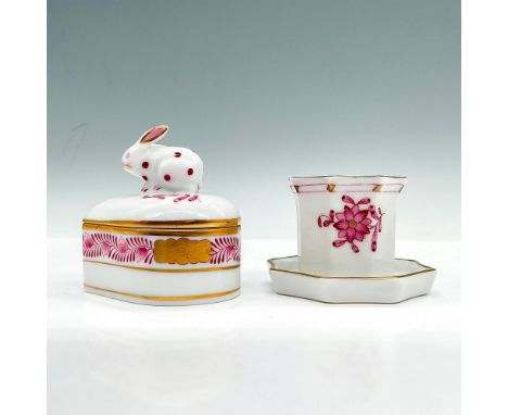 Small heart-shaped box with finial bunny and single candle stick holder. From the Raspberry Chinese Bouquet collection, which