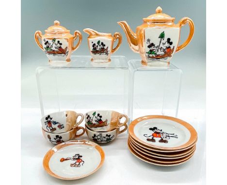 Vintage Japanese miniature lustreware tea set for children with hand painted scenes of Mickey and Minnie Mouse. The teapot wi