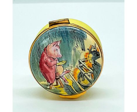 Hand painted enamel box featuring a scene from The Tale of Pigling Bland. Yellow base with gold hardware. Adorable decorative