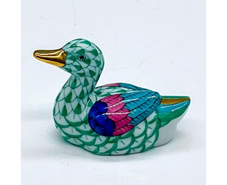 Hand painted duck in a green Vieux Herend Fish scale design. Herend backstamp. Issued: c. 1990-2010Dimensions: 2"L x 1"W x 1.