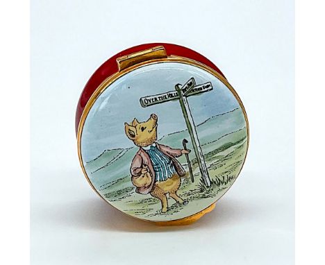 Collector's item featuring story character Pigling Bland holding a cane and travel bag. Enamel over copper piece. Burgundy co