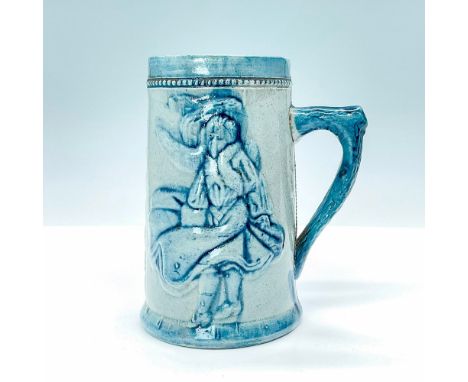 A blue and grey Robinson Clay Products Company Windy City mug from Akron, Ohio. The mug features the embossed figure of Fanny
