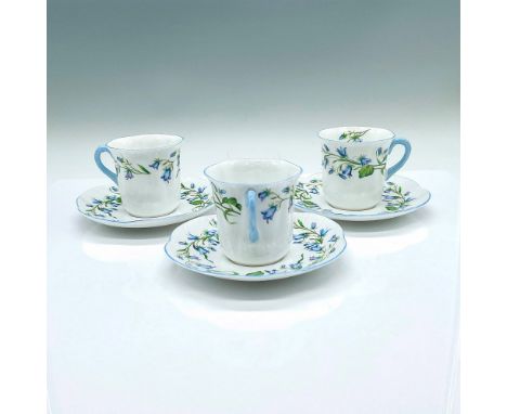 3 cups with matching 3 saucers, adorned with blue flower pattern and light blue trims. Shelley backstamps. Cup: 3.25"L x 2.75