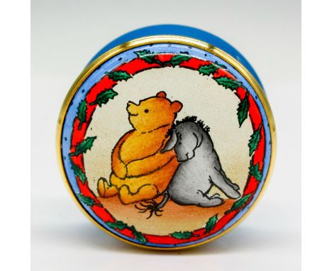 Hand painted enamel box with gilt edge screw top displaying Pooh and Eeyore. Halcyon Days backstamp. This item has its origin