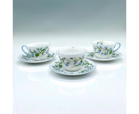 3 tea cups with matching 3 saucers, adorned with blue flower pattern and light blue trims. Shelley backstamps. Cup: 3.75"L x 