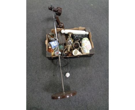 A box containing miscellaneous pottery and glassware including silver plate mounted claret jug, tankards, pocket barometer et