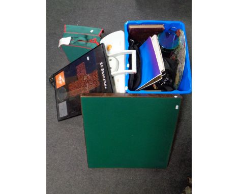 A folding card table together with Ed Sheeran CD, framed, a compact ironing press and a car cleaning kit, together with a box