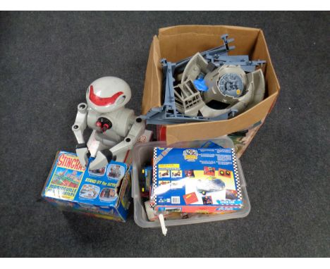 Two boxes of toys, Matchbox, Stingray and a robot etc  