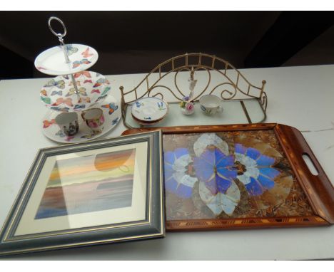 A tray containing cake stand, glass and brass shelf, china flower posy, together with an inlaid butterfly tray (as found)  