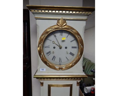 A continental painted longcase clock with pendulum and two weights  
