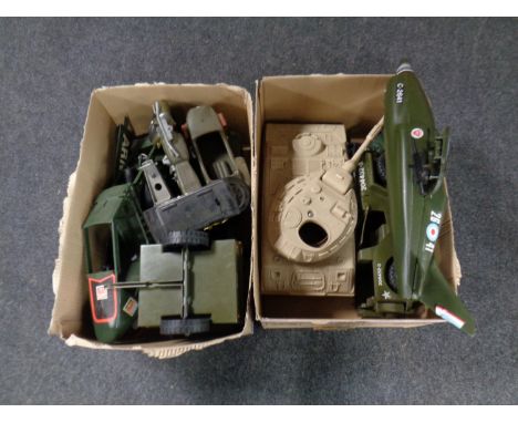 Two boxes of military vehicles, action man vehicles etc 