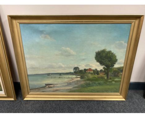 K Olsen : A red tiled house by a lake, oil on canvas, 76 x 57 cm 