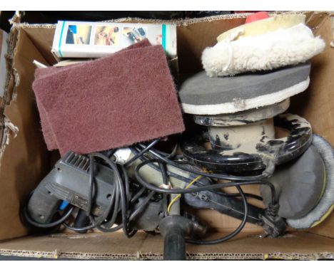 A box containing power tools, drill, grinder, buffer etc  