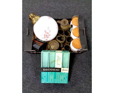 A box containing Hornsea storage jars, Kodak camera, light shade, boxed raven head glasses, stoneware coffee china  