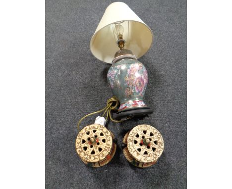 A pair of Japanese vases together with a decorative table lamp with shade   