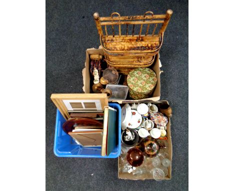 Three boxes containing miscellaneous including bamboo wall shelf, 20th century glassware and tea china, framed pictures, cand