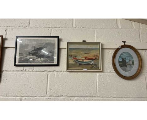 Mixed Lot: M E Colls study of fishing boats, oil on board together with a further print from the Illustrated London News and 