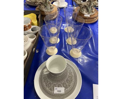 Six vintage sundae glasses together with Finnish Wartsila Arabia cup and Saucer