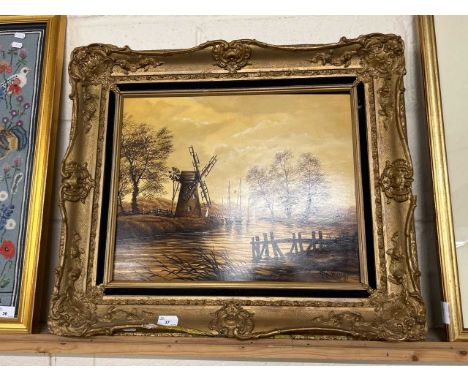 K W Hastings, study of a river scene with windmill, oil on board, gilt framed