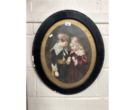 Chromolithograph print of two children with a duckling