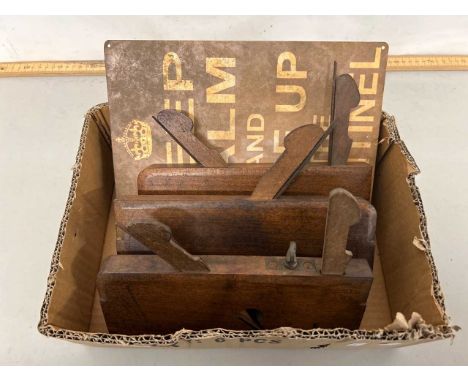 Box of various vintage woodworking planes and other items