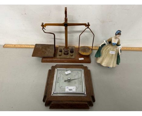 Mixed Lot: Vintage oak cased barometer, miniature beam scales with weights and a Royal Doulton figurine Elegance (3)